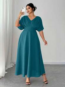 SHEIN Elenzya Plus Size V-Neck Solid Color Short Sleeve Casual Dress, Simple & Fashionable For Everyday Wear,Valentine - Mint Green - View 1
