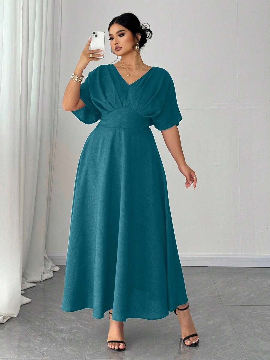 SHEIN Elenzya Plus Size V-Neck Solid Color Short Sleeve Casual Dress, Simple & Fashionable For Everyday Wear,Valentine - Mint Green - View 1