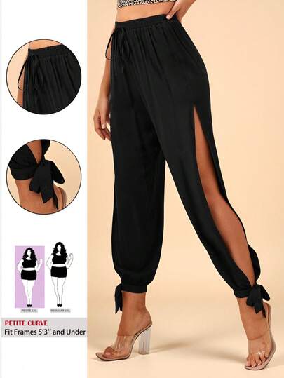 SHEIN PETITE CURVE Plus Size Split Thigh Knot Hem Solid Pants Summer, Suitable For Holiday, Afternoon Tea, Wedding Season, Beach Cruise Vacation, City Road Trip Vacation, Boho Vacation, Music Festival, Beachwear, Easter, Beach, Elegant, Vacation, Concert, Tropical Vacation, Holiday, Bohemian,For Spring Summer