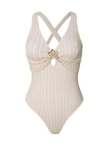 SHEIN LUNE Damen Sommer Urlaub Strick Jacquard Front Metall Blumen Dekor Kreuz-Rücken Träger Einteiler Badeanzug - Khaki - Übersicht 6