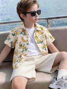 SHEIN Little Byeori 2件套儿童/男童休闲条纹翻领开襟宽松短袖衬衫和裤子梭织套装 - 藍色 - 查看 5