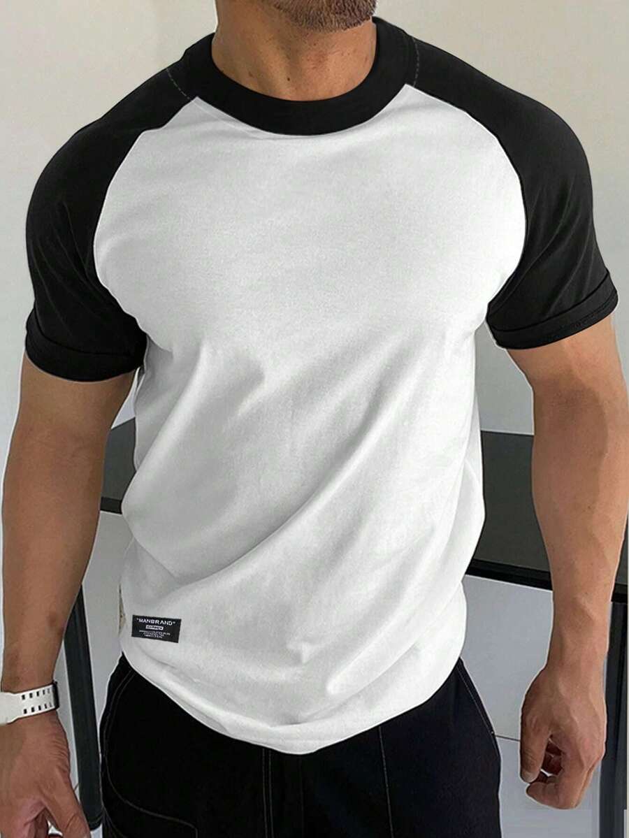 Manfinity Homme 男士休闲撞色圆领短袖T恤，夏季 - 黑與白 - 查看 1