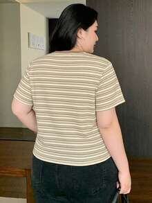 Dazy Plus Color Block Striped Round Neck Short Sleeve Fitted T-Shirt, Spring/Summer - Brown - View 6