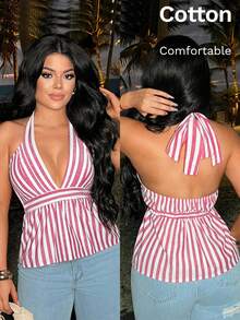 SHEIN SXY 女士条纹系领荷叶边休闲百搭日常衬衫 - 紅白色 - 查看 6