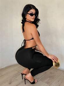 SHEIN SXY 女士纯色露背金属装饰镂空性感日常连体裤 - 黑色 - 查看 4