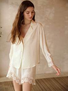 MOTF PREMIUM WOMEN CONTRAST LACE BUTTON FRONT SHIRT AND SHORTS PAJAMA SET - Beige - View 4