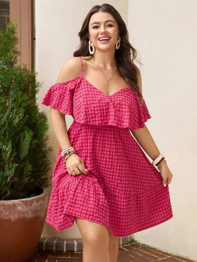 Comfylo Vestido de verano de tela texturizada con tirantes de espagueti y hombros descubiertos a cuadros, talla grande