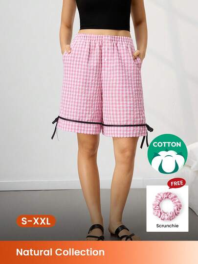 LUVLETTE Quần dài nữ màu hồng kẻ caro, chất liệu cotton, kiểu dáng dễ thương, có thể mặc ngoài, thích hợp cho việc mặc ở nhà.