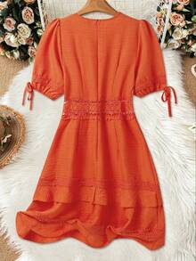 EMERY ROSE Women's Solid Color Lace Trim Dress, Summer - Orange - View 2