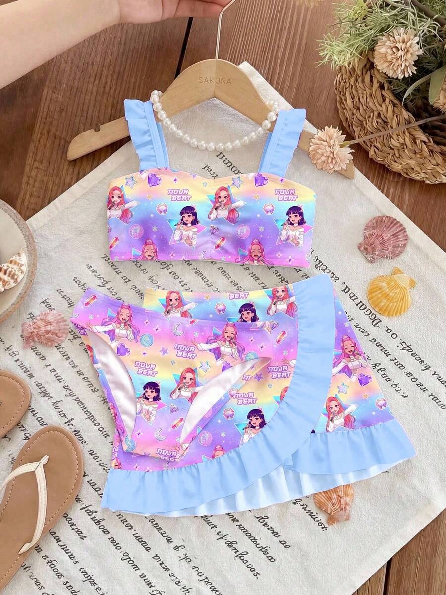SHEIN 女童印花泳衣，荷叶边装饰，三件套 女童泳衣 儿童泳装 - 彩色 - 查看 1