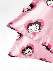 Betty Boop x SHEIN Pink Cartoon Character Decorative Satin Pillowcase Set, A Set Of 2, Thickened Material, Comfortable And Soft, Pattern Printing, Multi-Size Can Be Selected, Suitable For Various Pillows, Machine Washable - Baby Pink - View 5