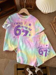 Tween Girls' Casual Pink And Green Tie-Dye Short Sleeve Top & Shorts 2pcs Set,Cute Summer Country Concert Street Style I WAS NOW I'M Graphic Outfit - Multicolor - View 2