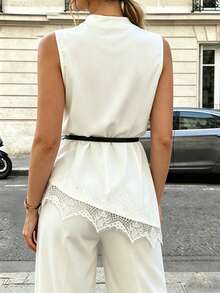 SHEIN PariChic Ins Blogger Favorite Summer French Luxury Satin Mock Neck Sleeveless Blouse, Waist-Cinched Hem Lace Splicing Slit Elegant Shirt, Daily Office Versatile Premium Layering Basic Tank Top Sleeveless Blouse Women White Sleeveless Top Lace Trim Top Elegant Top For Woman White Summer Outfits For Women - White - View 2