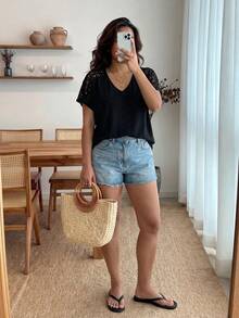 Hơn Ren tương phản Tay áo dơi Áo thun - màu đen - Xem 3