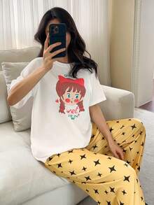 DAZY 女士卡通印花上衣和星星印花裤子睡衣套装 夏季 - 白色 - 查看 4