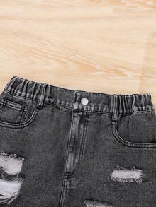 SHEIN Conjunto informal de 2 piezas para adolescentes que incluye una blusa de manga corta con estampado de letras y cuello redondo, talla grande unos jeans de denim desgastados - Negro - Ver 9
