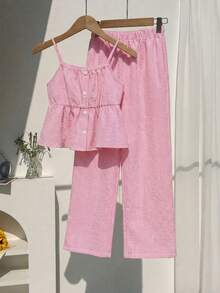 SHEIN Tween Girl Casual Sweet Vacation Ruffle Elastic Camisole Top Paired With Loose Wide Leg Pants 2 Pieces Set, Suitable For Spring/Summer, Daily, Holiday, Travel, Beach And Other Occasions - Pink - View 8