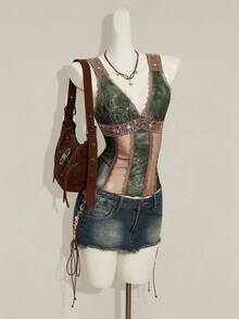 SHEIN ICON Áo hai dây ôm sát màu nâu, họa tiết da báo retro Y2K gợi cảm dành cho nữ, phối ren, cổ chữ V. - xanh quân đội - Xem 6