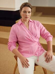MOTF PREMIUM WOMEN'S PLUS LINEN TIE WRAP LONG SLEEVE BLOUSE, SPRING/SUMMER - Pink - View 1