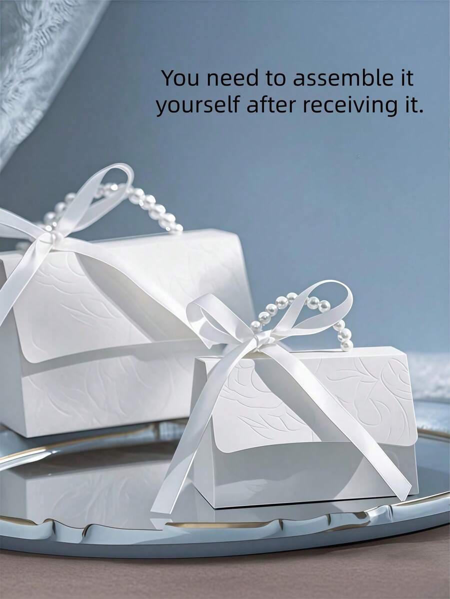 10PCS Faux Pearl Decorated Gift Boxes With Handle - Exquisite White Embossed Floral Mini Packaging Bags For Valentine's Day, Wedding, Halloween, Christmas, Mother's Day, Perfect As Candy Boxes, Small Gift Bags, Wedding Favors, Party Decorations & Gift Sets - White - View 1