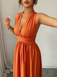 Rafferiza Đầm xếp ly không tay cổ chữ V khoét eo thanh lịch, màu tím, hàng mới về mùa xuân/hè. - trái cam - Xem 2