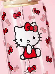 HELLO KITTY AND FRIENDS | SHEIN 1個 Kitty 500ml/16.91oz 高硼矽玻璃隨行杯，附吸管與吸管刷，雙面印花紅色蝴蝶結可愛卡通冰咖啡杯，大容量水杯，適合居家、旅行與送禮 - 無色 - 查看 4