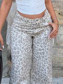 Maria Perezxox Women's Leopard Print Pocket Wide Leg Loose Casual Versatile Jeans - Beige - View 6