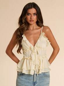 Gossip Girl X SHEIN SHEIN BAE 女士甜美百搭荷叶边双层下摆系带衬衫 - 彩色 - 查看 5