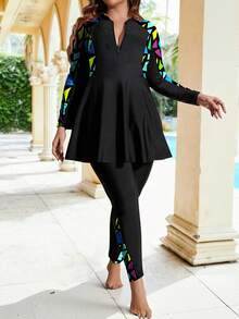 Swim Mulvari Summer Beach Plus Size Geo Print Zip Front Full Body Burkini SwimsuitArabic Clothing - Black - View 3