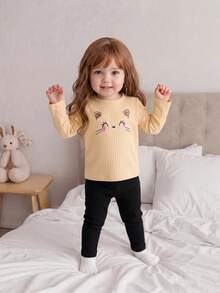 SHEIN Playful Pals 3件套可爱休闲时尚甜美豹纹猫脸图案罗纹针织柔软长袖圆领弹力腰带厚实轻薄上衣衬衫T恤裤子打底裤下装套装日常穿着休闲服派对礼物生日复活节春秋冬夏季 - 杏色 - 查看 3