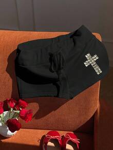 SHEIN Attitoon Quần short ôm dáng, cạp chun, họa tiết chéo. - màu đen - Xem 7