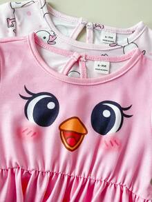 Playful Pals Baby GirlCute Duck & Chick Print Short Sleeve A-Line Dress 2-Piece Set, Suitable For Spring/Summer Outings, Photoshoots Or Daily Wear - Pink - View 6