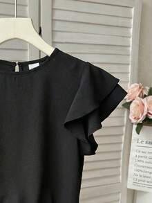 SHEIN LMoss Kids 少女白色纹理编织圆领褶皱荷叶边泡泡袖修身休闲上衣，度假风，法式优雅，适合春季外出和返校穿着 - 黑色 - 查看 7