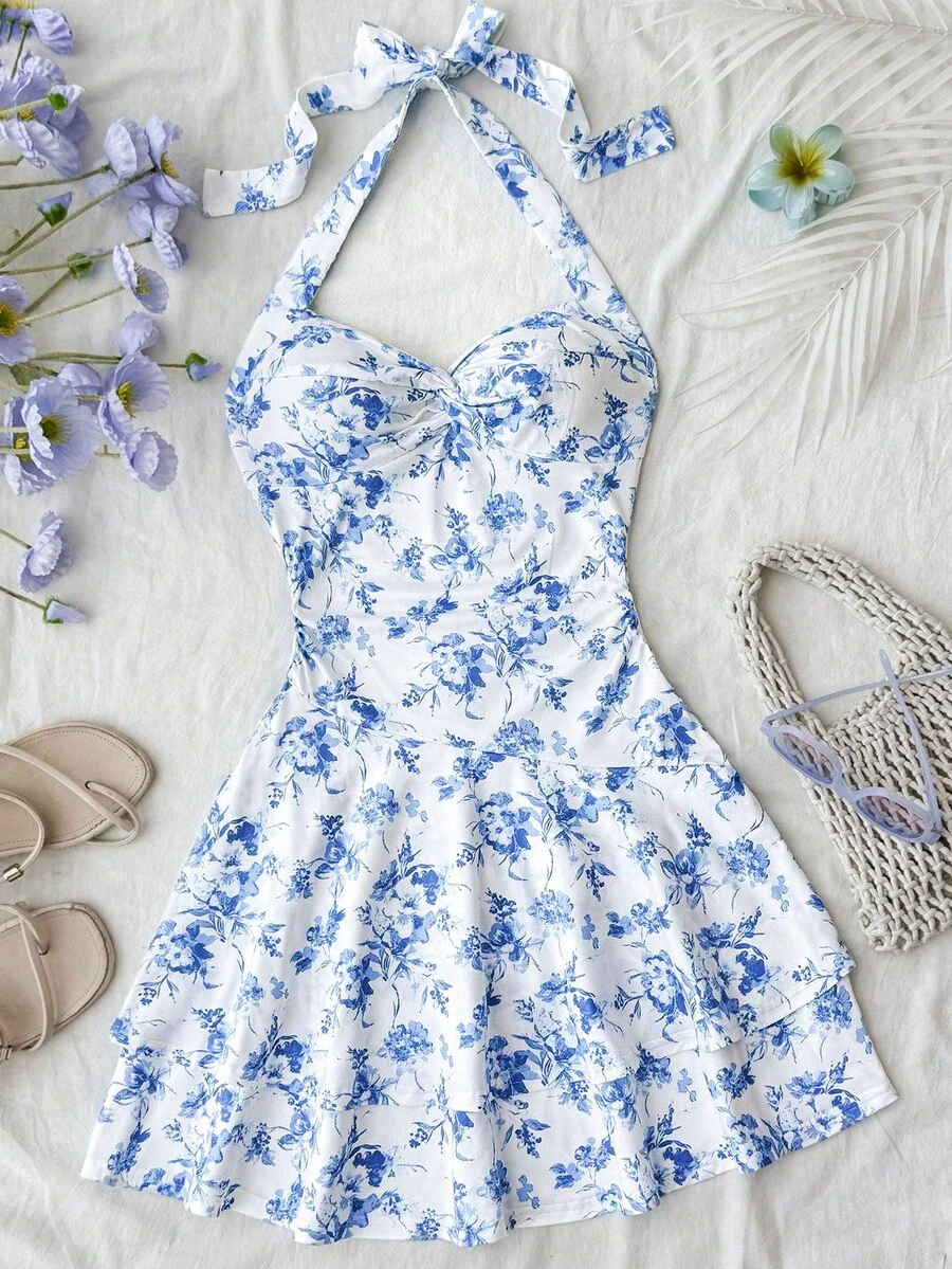 SHEIN Teen Girls Summer Casual Vacation Blue & White Floral Print Layered Ruffle Halter Dress - Blue and White - View 1