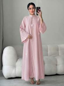 Yasmyna Áo Abaya Thổ Nhĩ Kỳ thêu hoa 3D đính cườm và đầm maxi truyền thống Ả Rập dành cho nữ. - Màu Hồng baby - Xem 3