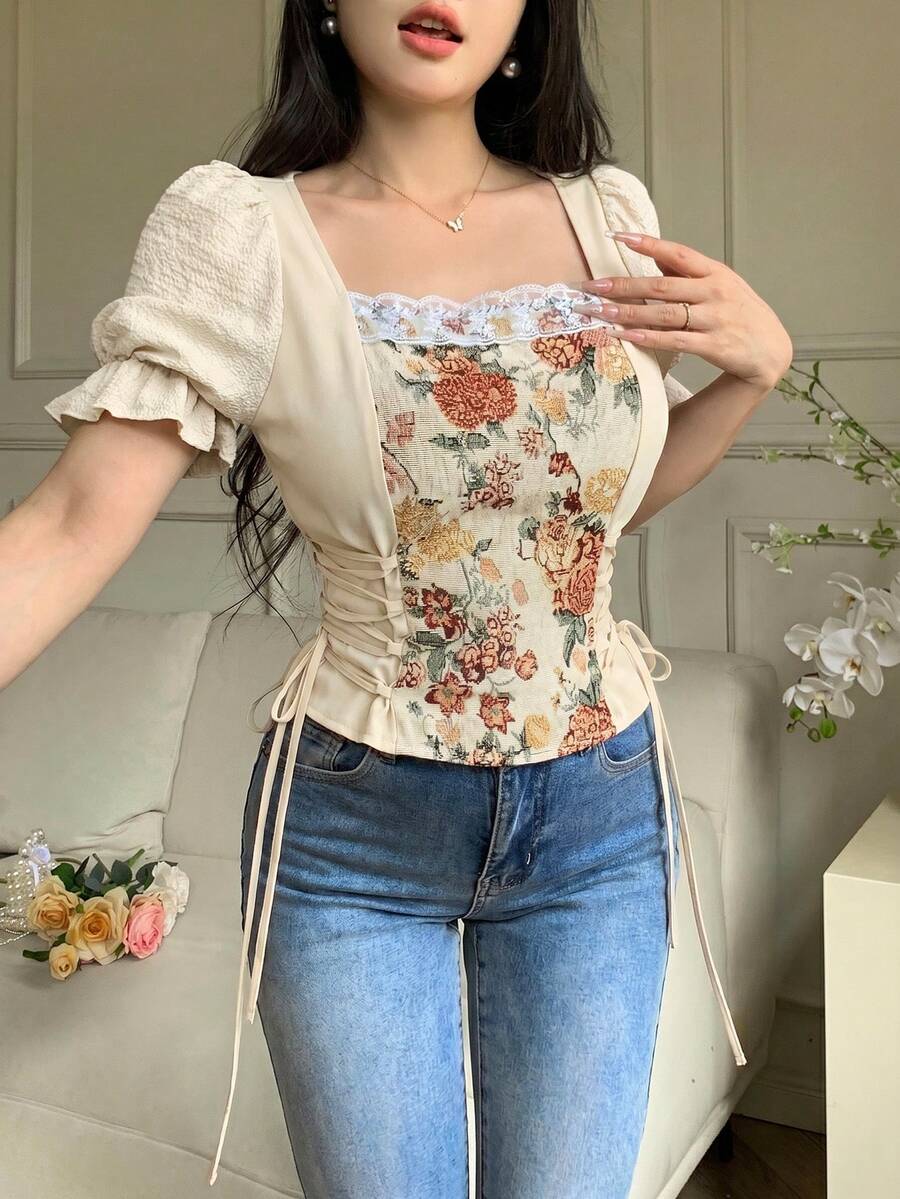 Feyla 女士优雅提花拼接交叉系带腰部衬衫，夏季