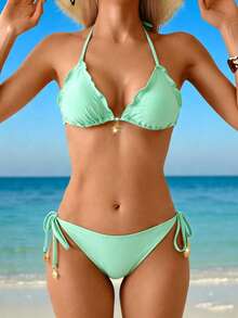Swim Vcay Conjunto de bikini negro con decoración de sol dorado para vacaciones de verano de mujer, atuendo de playa - verde menta - Ver 3
