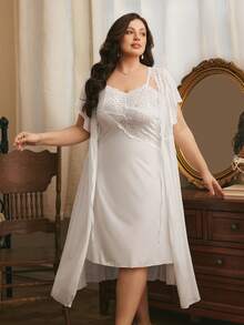 Côtesoire Elegant French Romantic Sexy Lace Patchwork Comfortable Knit Camisole And Sheer Mesh Tie Robe Sleepwear Set, Plus Size - White - View 5