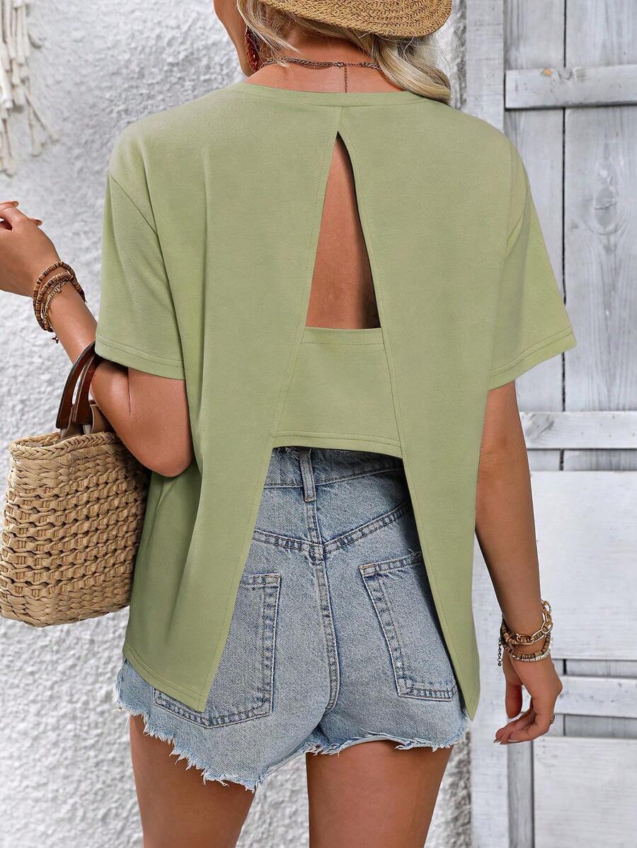 SHEIN Holidaya Áo thun ngắn tay hở lưng tối giản thời trang dành cho nữ - màu xanh lá - Xem 1
