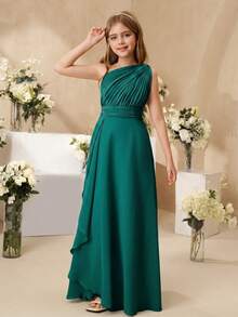 SHEIN Elegant Flower Girl Dress For Weddings, Formal Occasions, Chiffon Ruffled Shawl Midi Dress For Tween Girls, Luxurious Fashion Tulle Princess Dress - Green - View 3