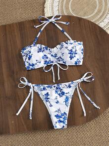 Swim Vcay Women's White And Blue Floral Bikini Set,Summer Boho Holiday Resort Style Wood Ear Drawstring Tie Shoulder Straps Bikini,Holiday Pool Party Swimwear - Multicolor - View 7
