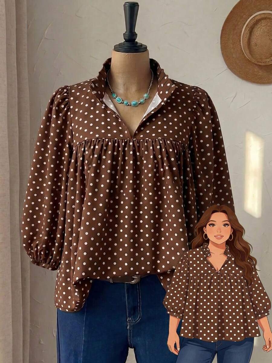 SHEIN RusticEase Áo sơ mi tay phồng in chấm bi dáng rộng, cỡ lớn. - Nhiều màu - Xem 1