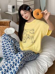 Women's Cute Cartoon Dog Print Loose Fit Top And Full Print Pants Pajama Set, Suitable For Spring, Summer, Autumn - Yellow - View 7