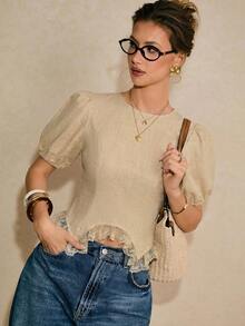 Poéselle 女士时尚优雅卡其色花瓣袖蕾丝拼接不对称下摆衬衫，夏季休闲现代茶会上衣新品 - 卡其色 - 查看 6