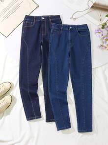 Tween Girls' Casual Minimalist Versatile Fitted Slim Washed Blue Denim Jeans. High-Waisted Button Fly Skinny Leg Jeans With CC Embroidery, Suitable For Daily Wear, School, Play, Commuting And Outdoor Activities - Multicolor - View 4