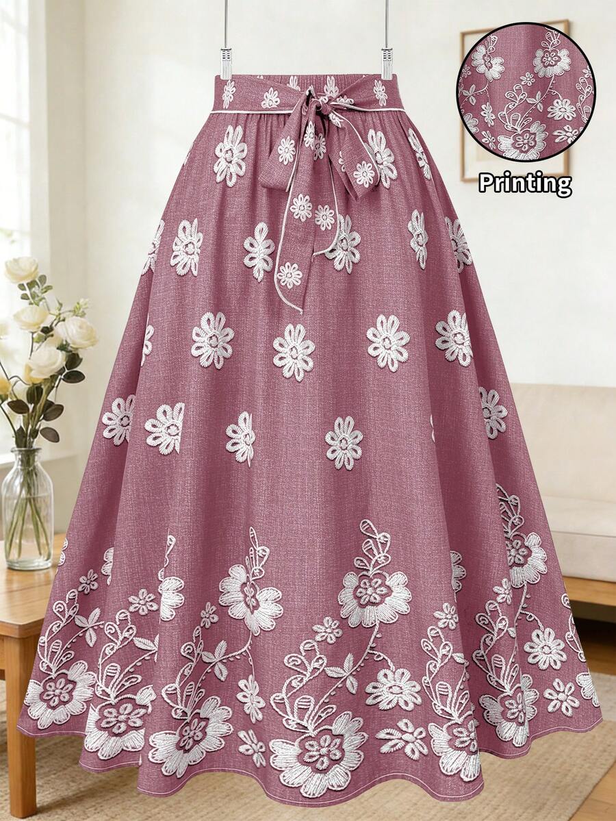 Franclia Chân váy xếp ly in hoa dáng rộng dành cho nữ cỡ lớn, thích hợp cho các buổi hẹn hò hoặc đi chơi. - Bụi hồng - Xem 1