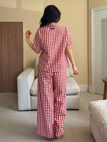 HELLO KITTY | DAZY Summer Graphic Print Plaid Loose Women Pajama Set - Red - View 2