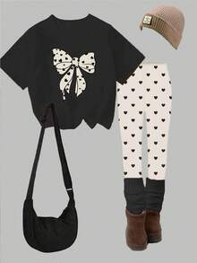 1 Set Young Girls' Casual Comfortable Fashion Cute Heart & Bow Graphic Short Sleeve T-Shirt And Leggings Outfit, Suitable For Spring To Summer Outings - Multicolor - View 3