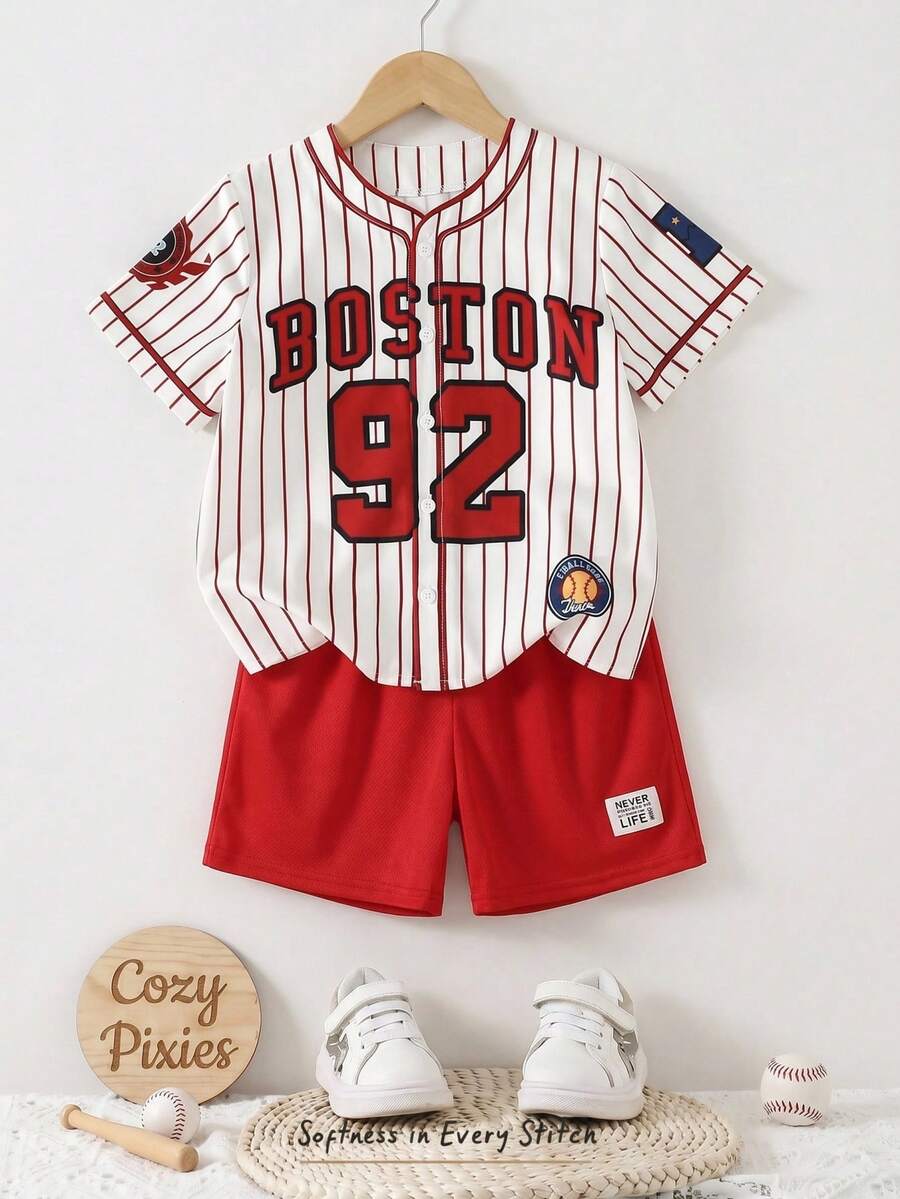 Cozy Pixies 2pcs/Set Boys Letter Print Knit Crew Neck Short Sleeve Top And Elastic Waist Shorts - Multicolor - View 1
