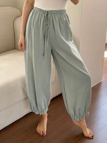 DAZY Women's Casual Solid Color Drawstring Loose Pants, Loungewear - Mint Blue - View 3